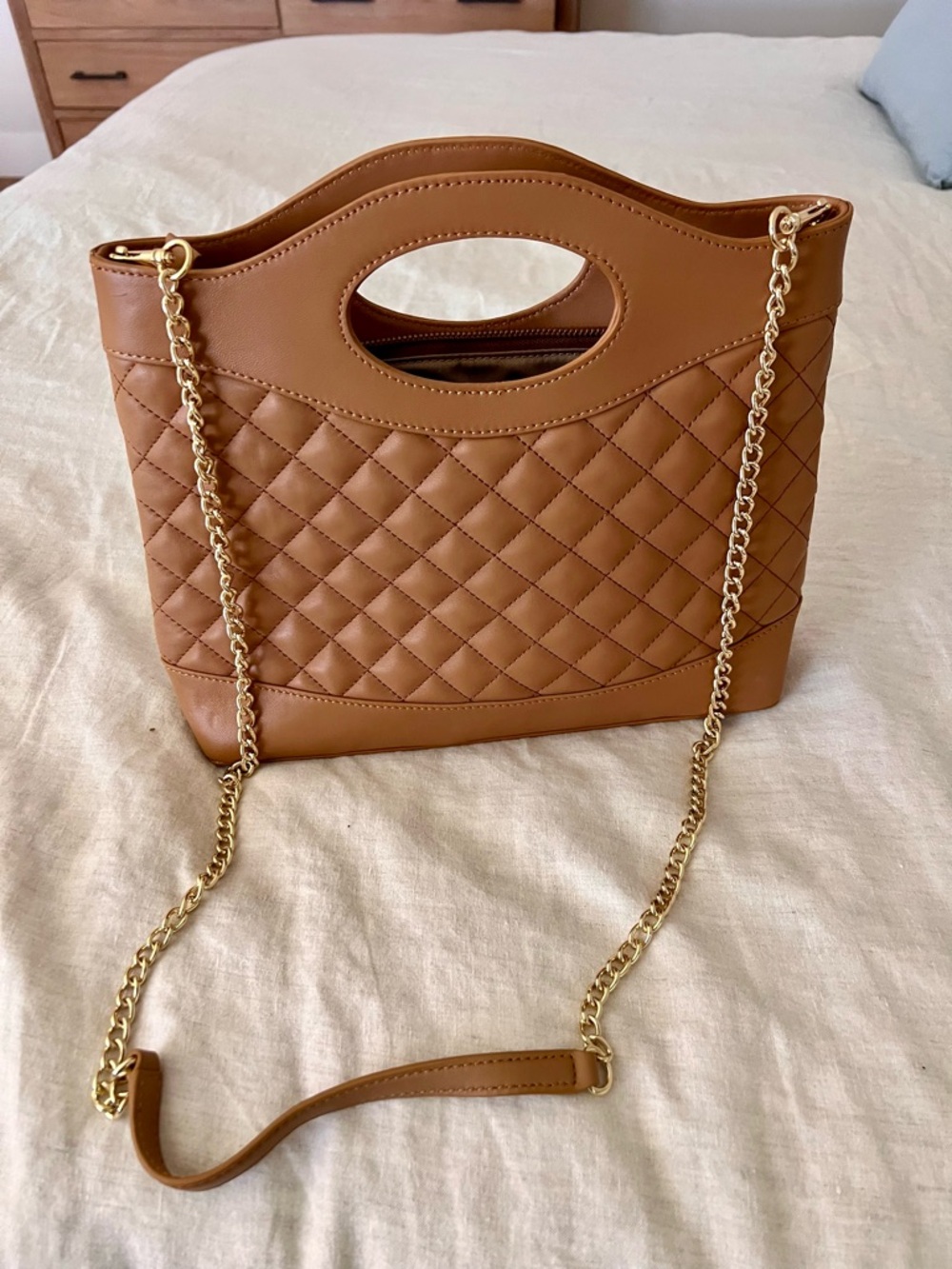 Talbots Quilted Tan leather with gold Chain Strap Tote Bag